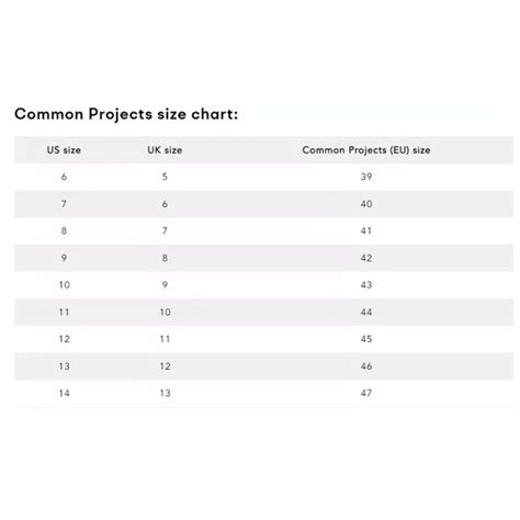 common projects size chart